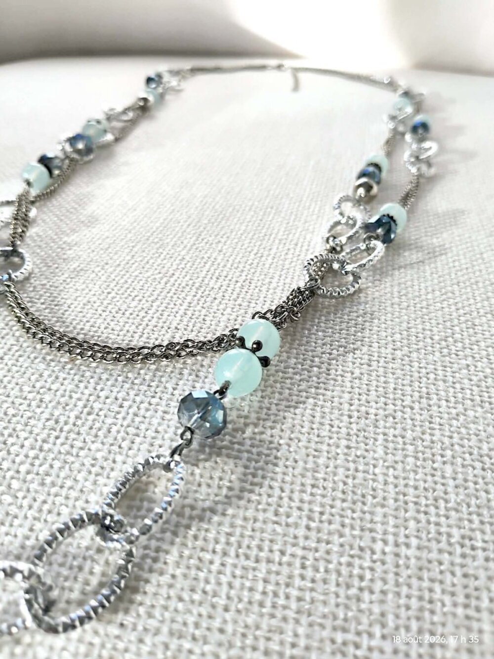 Multi-Layered Long Silver-Toned Necklace Seafoam Blue & Crystal Bead
